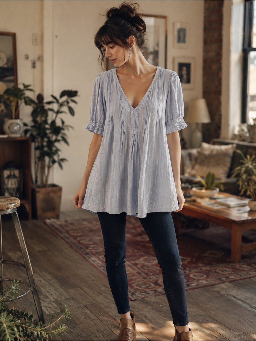 Free People Blue Striped Pintuck Boho Tunic Top Size S